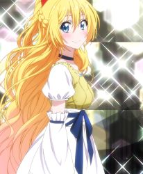 1girl blonde_hair blue_eyes blush breasts dress elbow_sleeve hair_ribbon head_turn highres kirisaki_chitoge long_hair looking_at_viewer nisekoi ribbon screencap shaft_(company) smile solo stitched third-party_edit rating:Questionable score:8 user:Karmakaze