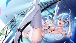 1girl absurdres ahoge arm_strap armpits arms_up ass bare_shoulders blue_eyes blue_hair boots braid breasts bright_pupils clothing_cutout confetti dai_mao_xuan_yi elbow_gloves garter_straps gloves gradient_hair high_heel_boots high_heels highres knees_up large_breasts leg_up leotard long_hair looking_at_viewer loslyn_(tower_of_fantasy) multicolored_hair open_mouth panty_straps pelvic_curtain pole pole_dancing revealing_clothes see-through side_cutout sideboob sideless_leotard smile solo spaghetti_strap stripper_pole teeth thigh_boots thighhighs thighs tower_of_fantasy underboob underboob_cutout upper_teeth_only white_footwear white_gloves white_hair white_leotard white_thighhighs 