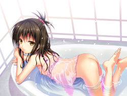  1girl 40010prototype ass barefoot bathtub bottomless brown_hair feet flat_chest hair_bobbles hair_ornament highres loli long_hair looking_back nipples partially_submerged see-through see-through_silhouette solo to_love-ru toes water wet wet_clothes yellow_eyes yuuki_mikan  rating:Questionable score:145 user:danbooru