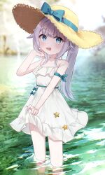  1girl :d aqua_bow aqua_ribbon arm_ribbon armband blue_eyes blurry blurry_background bow character_request clothes_lift copyright_request day dress dress_bow dress_lift feet_out_of_frame flipped_hair frilled_dress frills grey_hair hand_up hat hat_ribbon lifted_by_self light_blush long_hair looking_at_viewer lower_teeth_only mer_(mer3in) open_mouth outdoors ponytail ribbon sleeveless sleeveless_dress smile solo spaghetti_strap standing star_ornament strap_slip straw_hat sundress teeth wading waist_ribbon water wet white_dress 