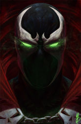  1boy bodysuit cape glowing glowing_eyes green_eyes highres looking_at_viewer male_focus max58art portrait red_cape signature solo spawn spawn_(spawn)  rating:General score:8 user:danbooru