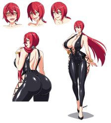 1girl ass bare_arms bare_shoulders bracelet breasts character_sheet cleavage curvy devil-v full_body highres huge_ass huge_breasts jewelry legs lipstick long_hair makeup multiple_views nail_polish original red_hair red_lips thick_thighs thighs yellow_eyes  rating:Questionable score:79 user:danbooru