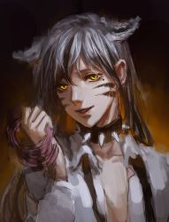 1girl animal_ears brown_hair brown_necktie collar collarbone d.va_(overwatch) facepaint facial_mark fang hair_between_eyes hand_up highres holding holding_leash leash lips long_hair long_sleeves necktie nose open_clothes open_shirt overwatch overwatch_1 parted_lips pink_lips shirt smile solo spiked_collar spikes upper_body whisker_markings white_shirt yellow_eyes rating:Sensitive score:3 user:danbooru