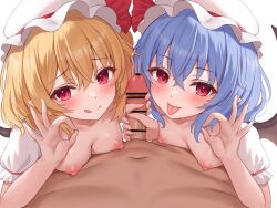  1boy 2girls :p :q bat_wings black_wings blonde_hair blue_hair blush breasts commentary_request cooperative_handjob erection ffm_threesome flandre_scarlet group_sex hair_between_eyes handjob hat hayasaka_(a865675167774) looking_at_viewer mob_cap multiple_girls nipples penis pov puffy_short_sleeves puffy_sleeves red_eyes remilia_scarlet shimaidon_(sex) short_hair short_sleeves siblings simple_background sisters small_breasts threesome tongue tongue_out touhou white_background white_hat wings 