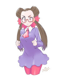 1girl ascot bespectacled blush bow breasts brown_hair creatures_(company) dress drowzee game_freak gen_1_pokemon glasses hair_pulled_back highres looking_at_viewer medium_breasts nintendo pantyhose pink_ascot pink_bow pink_eyes pink_pantyhose pokemon pokemon_(creature) pokemon_rse roxanne_(pokemon) simple_background solo twintails u4_99384295