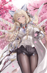  1girl absurdres black_gloves black_pantyhose black_shorts blonde_hair blue_eyes blush branch breasts cherry_blossoms closed_mouth commentary cowboy_shot crown_(nikke) drill_hair falling_petals fishnet_pantyhose fishnets gloves goddess_of_victory:_nikke hair_tubes highres holding holding_weapon impossible_clothes impossible_jacket impossible_shirt jacket large_breasts long_hair long_sleeves looking_at_viewer lunacle open_clothes open_jacket pantyhose pantyhose_under_shorts petals shirt shirt_tucked_in short_shorts shorts solo tiara weapon white_jacket white_shirt 
