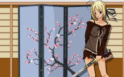  00s artoria_pendragon_(fate) blonde_hair cherry_blossoms excalibur_(fate/stay_night) fate/stay_night fate_(series) highres miniskirt saber_(fate) skirt sword weapon  rating:Sensitive score:0 user:Radii