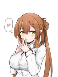 1girl blush breasts brown_hair collared_shirt commentary girls&#039;_frontline green_eyes hair_ribbon heart jewelry kumasteam large_breasts looking_at_viewer own_hands_together ribbon ring shirt simple_background smile solo spoken_heart springfield_(girls&#039;_frontline) steepled_fingers wedding_band white_background white_shirt rating:Sensitive score:45 user:danbooru