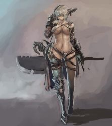  1girl :p armor b.b belt bikini_armor black_eyes boots breasts gauntlets horns huge_breasts navel original short_hair silver_hair solo sword thighhighs tongue tongue_out weapon 