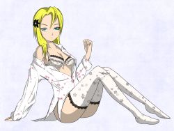  1girl absurdres artist_request blonde_hair blue_eyes bra breasts character_request floral_print highres long_hair original patterned_legwear shirt sitting solo underwear  rating:Questionable score:5 user:LZ135