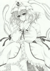  1girl absurdres bad_id bad_pixiv_id breasts female_focus ghost graphite_(medium) hat highres huge_breasts japanese_clothes lilyvanilla monochrome saigyouji_yuyuko solo touhou traditional_media white_background 