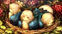  3girls aged_down bird blonde_hair broken_egg chick child closed_mouth dragon&#039;s_crown feathers flower food fruit game_cg grapes harpy harpy_(dragon&#039;s_crown) in_nest leaf long_hair monster_girl multiple_girls nest official_art red_eyes shigatake  rating:General score:51 user:danbooru