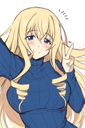  1girl blonde_hair blue_eyes blush breasts cecilia_alcott drill_hair heart highres infinite_stratos large_breasts long_hair looking_at_viewer outstretched_arm smile solo sweater v very_long_hair 