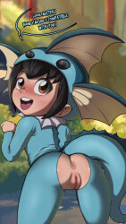 1girl absurdres animal_hood anus ass bent_over black_hair blush brown_eyes cleft_of_venus cosplay cowboy_shot creatures_(company) english_text female_focus fins fish_tail from_behind g_reaper game_freak gen_1_pokemon highres hood leaning_forward loli looking_at_viewer looking_back nintendo onesie open_mouth paw_pose poke_kid_(pokemon) pokemon pokemon_swsh pussy short_hair solo speech_bubble tail teeth thighs tongue uncensored upper_teeth_only vaporeon vaporeon_(cosplay) vaporeon_copypasta_(meme)  rating:Explicit score:379 user:MonsieurCinq
