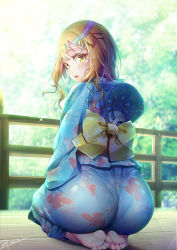 1boy androgynous ass ass_focus barefoot blonde_hair blush crossdressing feet from_behind hand_fan highres huge_ass japanese_clothes kimono kneeling long_hair looking_at_viewer looking_back male_focus natsusora_wakana novady original pantylines shiny_clothes shiny_skin smile soles solo toes trap wide_hips yellow_eyes yukata rating:Sensitive score:207 user:armorcrystal