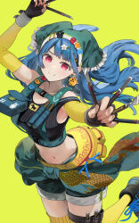  1girl alternate_costume black_gloves blue_hair blue_shorts dragon_print fingerless_gloves flower frilled_scarf gloves green_scarf hair_flower hair_ornament haniyasushin_keiki head_scarf highres jewelry long_hair looking_at_viewer magatama magatama_necklace midriff necklace red_eyes scarf shorts smile solo syuri22 thighhighs touhou wood_carving_tool yellow_background yellow_thighhighs 