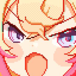  1girl angry blue_eyes blush_stickers brown_hair crossed_bangs dot_nose hair_between_eyes hololive hololive_english looking_at_viewer mococo_abyssgard multicolored_hair open_mouth pink_hair pixel_art potato7192 solo streaked_hair v-shaped_eyebrows virtual_youtuber 