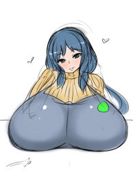 10s 1girl blue_eyes blue_hair breast_rest breasts female_focus gigantic_breasts gundam gundam_build_fighters highres iori_rinko long_hair matching_hair/eyes simple_background sketch solo sweater tensai427 upper_body white_background rating:Questionable score:33 user:Xander