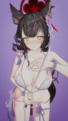  1girl 3d absurdres animal_ears black_hair blue_archive blush bracelet breasts croove heart heart-shaped_pupils highres jewelry large_breasts nail_polish purple_background purple_nails pursed_lips shy stomach swimsuit sword symbol-shaped_pupils tagme tail wakamo_(blue_archive) weapon wide_hips yellow_eyes  rating:Sensitive score:14 user:ayynewnemis