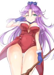 1girl ;) angela_(seiken_densetsu_3) aqua_eyes blue_gloves blue_hat breasts cleavage closed_mouth coattails covered_navel gloves hair_intakes hat highres holding holding_staff leotard long_hair looking_at_viewer medium_breasts mini_hat one_eye_closed pointy_ears purple_hair red_leotard seiken_densetsu seiken_densetsu_3 simple_background smile solo staff thigh_gap thighs tomoeda_(ultimate_fools) very_long_hair white_background