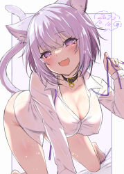  1girl :d all_fours alto_seneka animal_ears bare_legs barefoot black_collar blush breasts cat_ears cat_girl cat_tail cleavage collar come_hither commentary covered_erect_nipples dated fang foot_out_of_frame heart heart_in_eye highres holding holding_ribbon hololive light_purple_hair looking_at_viewer loose_neck_ribbon medium_breasts nail_polish naked_shirt nekomata_okayu nekomata_okayu_(oversized_shirt) open_mouth purple_background purple_eyes purple_nails purple_ribbon ribbon shirt short_hair simple_background skin_fang smile solo symbol_in_eye tail thighs toenail_polish toenails virtual_youtuber white_background  rating:Sensitive score:54 user:danbooru