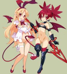 2girls :o arm_belt bare_shoulders belt belt_buckle black_belt black_footwear black_gloves black_legwear blonde_hair blush boots bottomless bow breasts buckle cleft_of_venus crossed_arms demon_girl demon_tail demon_wings disgaea dress earrings elbow_gloves etna_(disgaea) flonne flonne_(fallen_angel) gloves green_background hair_between_eyes hair_ribbon hairband head_tilt holding holding_polearm holding_spear holding_weapon jewelry long_hair long_sleeves makai_senki_disgaea multiple_girls navel nipples open_clothes open_dress open_mouth parted_lips pointy_ears polearm pussy red_bow red_eyes red_footwear red_hair red_hairband red_legwear red_ribbon red_wings ribbon shoes simple_background skull_earrings small_breasts spear standing standing_on_one_leg tail thigh_boots thighhighs thighhighs_under_boots third-party_edit tsudero uncensored v-shaped_eyebrows very_long_hair wavy_mouth weapon white_bow white_dress wings  rating:Explicit score:120 user:terakhan