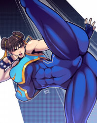 1girl abs artist_name ass breasts brown_hair butter_sugoi capcom chun-li fingerless_gloves gloves large_breasts patterned_background skin_tight spread_legs street_fighter street_fighter_zero_(series)