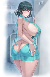  1girl ass black_hair blush breasts butt_crack covered_erect_nipples curvy fubuki_(one-punch_man) green_eyes green_hair huge_ass huge_breasts looking_at_viewer looking_back meme_attire mogudan no_bra one-punch_man short_hair sideboob smile solo standing thick_thighs thighs urinal virgin_killer_sweater wide_hips 