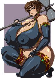 1girl absurdres armor axe bakudemon bikini bikini_armor breasts bridal_gauntlets brown_eyes brown_hair earrings elbow_gloves covered_erect_nipples fingerless_gloves gloves highres huge_breasts jewelry jolly_roger looking_at_viewer phaia plump revealing_clothes short_hair skull skull_and_crossed_swords solo spunky_knight swimsuit thighhighs 