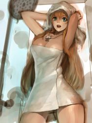  1girl after_bathing alien1452 armpits arms_up bathroom blonde_hair breasts cleavage cross cross_necklace green_eyes jewelry large_breasts long_hair naked_towel necklace open_mouth original pendant showering smile solo towel towel_on_head white_towel  rating:Sensitive score:56 user:danbooru