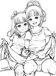  2girls artist_request blush clothes_lift dress dress_lift flat_chest holding_hands loli looking_at_viewer monochrome multiple_girls panties sketch smile underwear upskirt  rating:Questionable score:5 user:looper_01