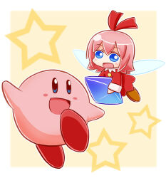  1girl :d blue_eyes blue_wings blush blush_stickers boots brown_background brown_footwear commentary_request dress fairy_wings hair_between_eyes hair_ribbon holding kirby kirby&#039;s_dream_land kirby_(series) long_hair long_sleeves naga_u nintendo open_mouth pink_hair red_dress red_ribbon ribbon ribbon_(kirby) smile star_(symbol) transparent_wings two-tone_background white_background wings 