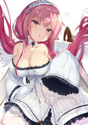  1girl absurdres azur_lane bare_shoulders blush breasts bug butterfly cleavage covered_navel detached_collar dress feathered_wings frilled_dress frilled_hairband frills hair_between_eyes hairband highres insect large_breasts long_hair long_sleeves looking_at_viewer low_twintails ochinsama pantyhose parted_lips perseus_(azur_lane) pink_hair see-through simple_background sleeves_past_fingers sleeves_past_wrists solo twintails white_background white_dress white_pantyhose wings 