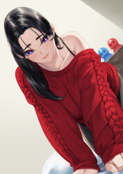  1girl all_fours bed black_hair black_skirt blueorca blurry blurry_background breasts collarbone highres indoors large_breasts long_hair long_sleeves off_shoulder original parted_lips pillow purple_eyes red_sweater single_bare_shoulder skirt sleeves_past_wrists smile solo sweater teeth 