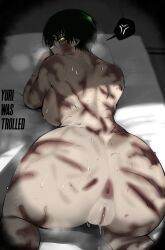  angry anus ass bare_back black_hair burn_scar colorized glasses highres huge_ass jujutsu_kaisen masoq nude on_bed pussy_juice scar third-party_edit third-party_source yellow_eyes zen&#039;in_maki 
