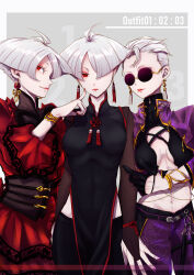  3girls a.k.i._(street_fighter) albino asymmetrical_hair atgrbread breasts bridal_gauntlets cheek_poking chinese_clothes cleavage crossed_arms dress earrings frilled_dress frills glasses hair_over_one_eye hair_slicked_back highres impossible_hair jewelry mole mole_under_mouth multiple_girls multiple_persona navel official_alternate_costume official_alternate_hairstyle opaque_glasses pale_skin parted_lips poking red_dress red_eyes round_eyewear scale_print sidecut street_fighter street_fighter_6 tassel tassel_earrings undercut 