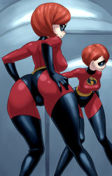 1girl ass bodysuit boots breasts brown_eyes brown_hair costume curvy domino_mask elastigirl female_focus from_behind gloves gradient_background helen_parr huge_ass jinroku large_breasts latex latex_gloves latex_suit legs mask no_bra red_eyes red_hair short_hair skin_tight striped striped_background the_incredibles thighhighs wide_hips rating:Questionable score:200 user:fakyuh