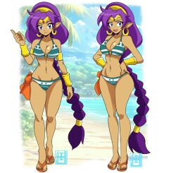  1girl alternate_hairstyle bikini blue_eyes braid braided_ponytail breasts dark-skinned_female dark_skin hands_on_own_hips highres index_finger_raised large_breasts legs long_hair navel o-ring o-ring_bikini open_mouth pointy_ears ponytail shantae shantae_(series) smile solo striped_bikini striped_clothes swimsuit thighs unworn_eyewear 