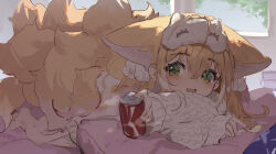  1girl :d alternate_costume animal_ears arknights can chinese_commentary chips_(food) commentary dated_commentary eye_mask fang food fox_ears fox_girl fox_tail green_eyes hair_between_eyes highres holding holding_can holding_food indoors kitsune long_sleeves looking_at_viewer lying mask_lift multiple_tails on_stomach open_mouth potato_chips shio_(shiofeifei) sketch skin_fang smile solo suzuran_(arknights) sweater tail white_sweater window  rating:General score:17 user:danbooru