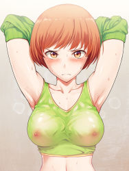1girl another_story armpits arms_up blush bra breasts brown_eyes brown_hair covered_erect_nipples frown highres jacket looking_at_viewer medium_breasts navel nipples persona persona_4 persona_4_the_golden satonaka_chie see-through short_hair solo sports_bra sweat track_jacket underwear undressing wavy_mouth wet wet_clothes rating:Questionable score:273 user:danbooru