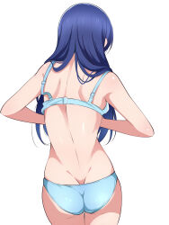  1girl absurdres adjusting_bra adjusting_clothes back blue_bra blue_hair blue_panties borgbutler bra butt_crack commentary_request cowboy_shot facing_away from_behind hair_over_shoulder highres long_hair love_live! panties partial_commentary shoulder_blades simple_background solo sonoda_umi standing thigh_gap underwear underwear_only white_background 