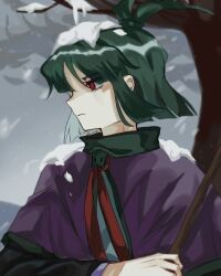  1other adagumo_no_saragimaru androgynous bare_tree black_sleeves blue_vest blunt_bangs blunt_ends capelet chinese_commentary closed_mouth cloud cloudy_sky collar collared_capelet commentary_request day expressionless eyelashes green_collar green_hair high_collar high_ponytail highres holding holding_polearm holding_weapon len&#039;en light_frown long_sleeves looking_to_the_side necktie other_focus outdoors party_o.o&#039;_clock polearm ponytail_holder purple_capelet red_eyes red_necktie short_hair short_ponytail sky snow_on_body snow_on_head snowing solo split_ponytail tree upper_body vest weapon winter 