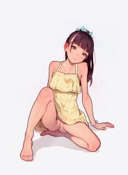  1girl absurdres barefoot bracelet censored cleft_of_venus dress feet female_focus full_body highres jewelry loli long_hair looking_at_viewer mosaic_censoring muk_(monsieur) necklace no_panties pussy simple_background solo sundress toes  rating:Explicit score:532 user:ssfl