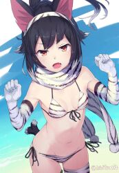  1girl animal_ears bikini bikini_day black_hair breasts clenched_hands colored_tips cowboy_shot elbow_gloves fang front-tie_bikini_top front-tie_top gloves hairband hands_up hibi_tsuna highres looking_at_viewer mole mole_under_eye multicolored_hair navel open_mouth orange_eyes original pom_pom_(clothes) print_bikini scar side-tie_bikini_bottom small_breasts solo stomach string_bikini swimsuit tail thighhighs twitter_username 