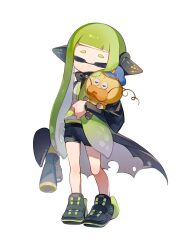  1girl agent_3_(splatoon) black_cape black_footwear black_shirt black_shorts blunt_bangs cape chinese_commentary closed_eyes closed_mouth commentary_request full_body green_hair headphones hero_shot_(splatoon) high-visibility_vest highres holding holding_stuffed_toy holding_weapon inkling inkling_girl inkling_player_character kakakamiwed long_hair long_sleeves nintendo shirt short_eyebrows shorts simple_background sleeping sleeping_upright solo splatoon_(series) splatoon_1 standing stuffed_animal stuffed_fish stuffed_toy suction_cups tentacle_hair torn_cape torn_clothes very_long_hair weapon white_background zapfish 