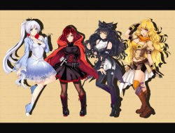  4girls ahoge alternate_breast_size ammunition ammunition_belt arm_up arms_behind_back artist_request bag bare_shoulders belt belt_buckle bike_shorts black_dress black_footwear black_gloves black_hair black_legwear black_ribbon black_shorts black_skirt blake_belladonna blonde_hair blue_dress blue_eyes boots bow bracelet breasts breasts_apart buckle cape cleavage cloak closed_mouth corset cross detached_sleeves dress ember_celica_(rwby) expressionless facing_viewer fingerless_gloves full_body garter_straps gloves gradient_hair grey_eyes hair_bow hair_ornament hair_ribbon hand_up happy head_tilt high_ponytail highres jacket jewelry large_breasts leg_up lineup long_hair long_sleeves looking_at_viewer medium_breasts multicolored_boots multicolored_clothes multicolored_dress multicolored_hair multiple_girls necklace one_eye_closed open_mouth orange_scarf pantyhose ponytail purple_eyes red_cape red_cloak red_dress red_hair ribbon ruby_rose rwby salute scarf shadow shoes short_hair short_sleeves shorts skirt smile standing stomach team thighhighs tiara tongue two-tone_hair very_long_hair waving wavy_hair weiss_schnee white_dress white_hair wink yang_xiao_long yellow_eyes  rating:Sensitive score:11 user:823602149
