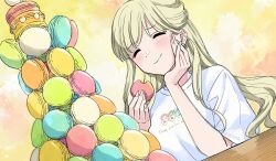  1girl ^_^ akroglam blonde_hair closed_eyes closed_mouth commentary_request eating eno_(akroglam) facing_viewer food hand_on_own_cheek hand_on_own_face hands_up highres holding holding_food long_hair macaron macaron_tower official_art second-party_source shirt short_sleeves smile solo t-shirt too_many upper_body white_shirt 