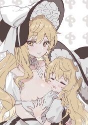  2girls :3 absurdres aged_up ahase_hino black_hat black_vest blonde_hair bonnet bow braid breasts cleavage closed_eyes closed_mouth collarbone commentary_request dress food_print grabbing grabbing_another&#039;s_breast hair_bow hand_on_another&#039;s_back hat hat_bow highres invincible_marisa kirisame_marisa large_breasts light_smile long_hair looking_at_viewer multiple_girls mushroom mushroom_print new_super_marisa_land open_mouth shirt short_sleeves sidelocks simple_background single_braid sitting sitting_on_lap sitting_on_person skindentation sweatdrop time_paradox touhou upper_body vest white_background white_bow white_dress white_shirt witch_hat yellow_eyes 