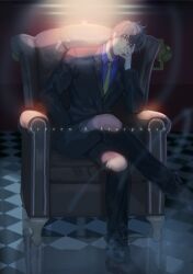 1boy bad_id bad_pixiv_id black_hair blue_shirt checkered_floor couch crossed_legs english_text formal hand_in_pocket hand_on_own_face kekkai_sensen lloule looking_at_viewer male_focus necktie on_couch shirt short_hair sitting smile steven_a._starphase suit 