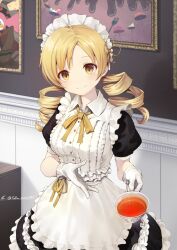  1girl alternate_costume apron black_dress blonde_hair breasts buttons center_frills charlotte_(madoka_magica) cheese chocolate_syrup closed_mouth collared_apron cup dot_nose dress drill_hair drink enmaided flower food fork frilled_dress frills gloves hair_flower hair_ornament hairpin hands_up highres holding holding_cup indoors large_breasts light_blush looking_at_viewer mahou_shoujo_madoka_magica mahou_shoujo_madoka_magica_(anime) maid maid_apron maid_headdress neck_ribbon picture_frame polka_dot puffy_short_sleeves puffy_sleeves ribbon short_sleeves side_slit smile solo soul_gem swept_bangs syrup table taka.yana tea teacup tomoe_mami twin_drills twitter_username white_apron white_gloves witch&#039;s_labyrinth witch_(madoka_magica) yellow_eyes yellow_ribbon 